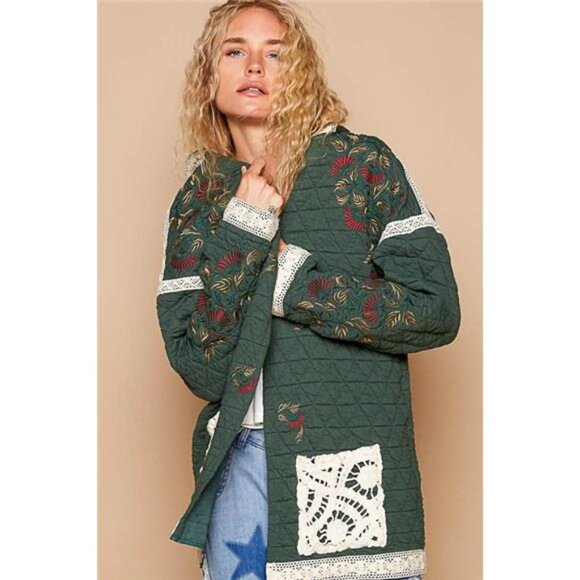 NWT POL‎ Embroidered Open Front Quilted Jacket with Crochet Pockets - Picture 5 of 6